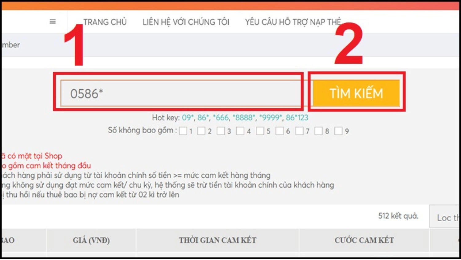 Nhập 0586* vào ô tìm kiếm và nhấn Tìm kiếm 