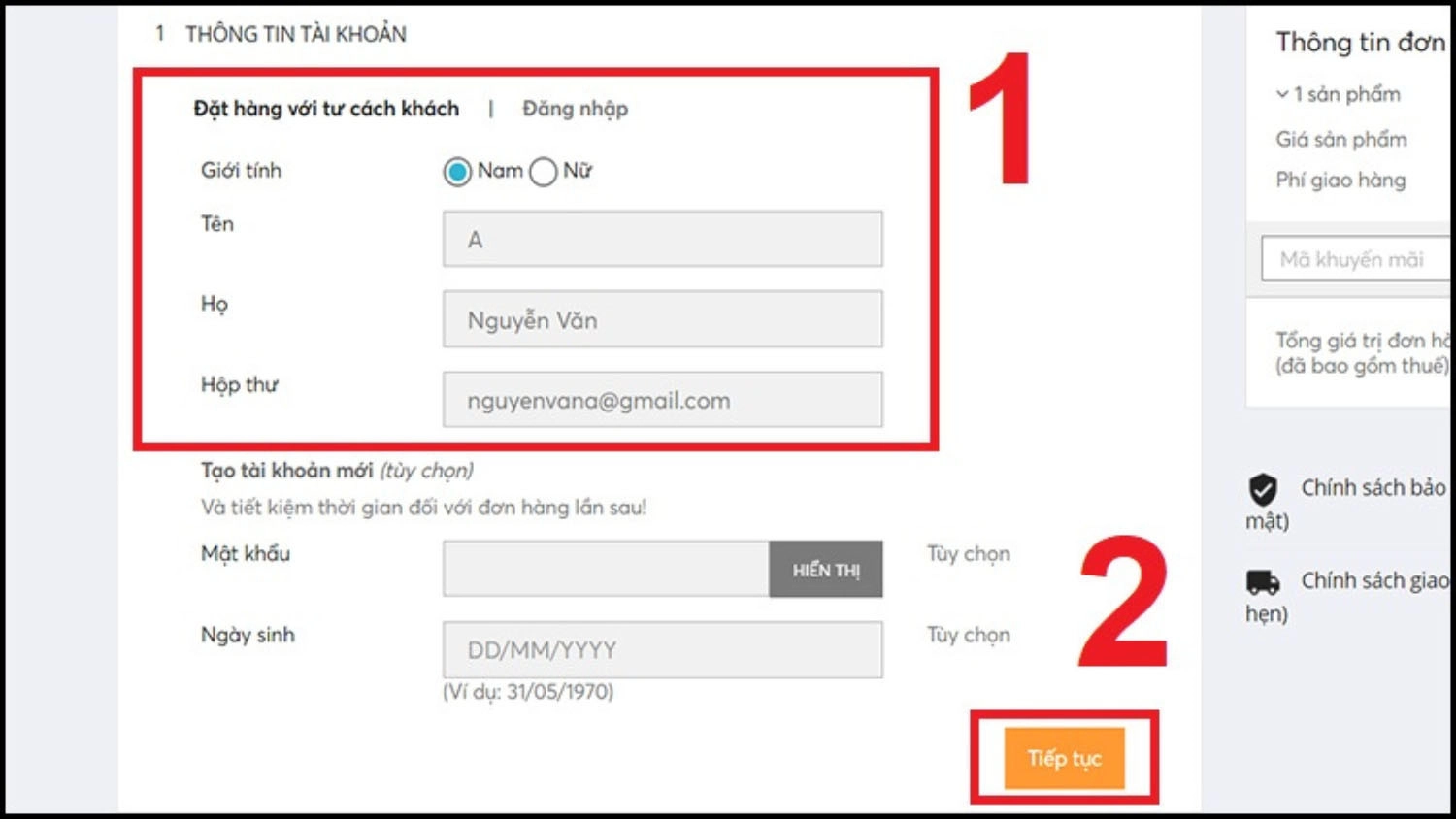 Nhập thông tin cá nhân theo yêu cầu