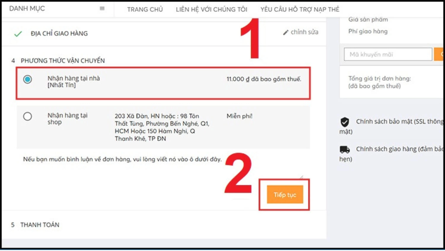 Chọn hình thức vận chuyển 