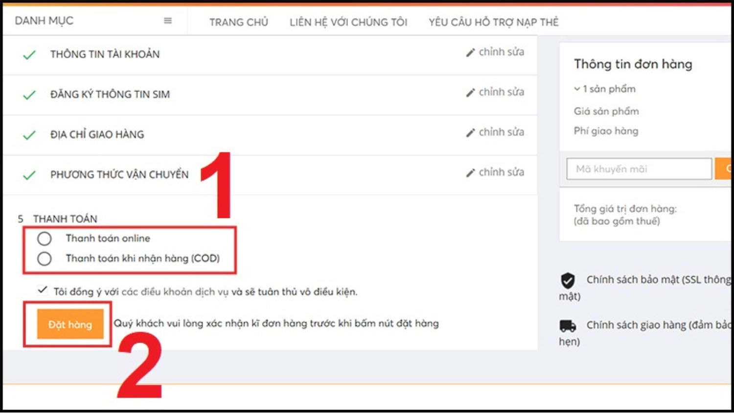 Chọn phương thức thanh toán và nhấn Đặt hàng
