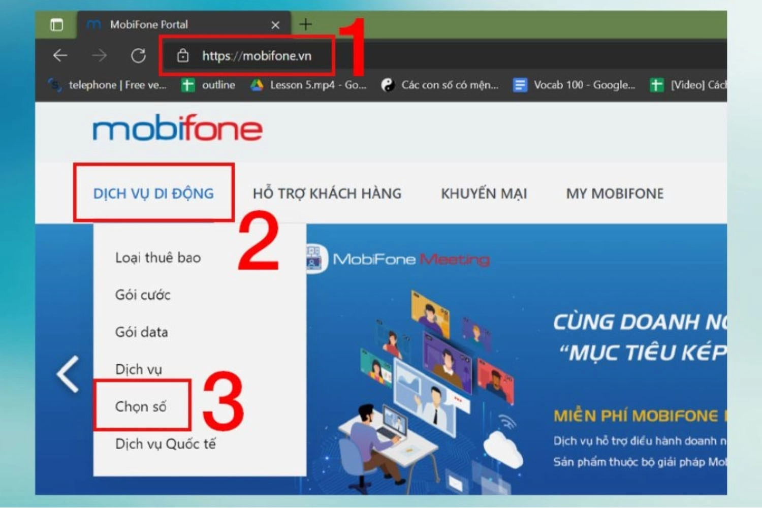 Vào Dịch vụ di động và chọn Chọn số