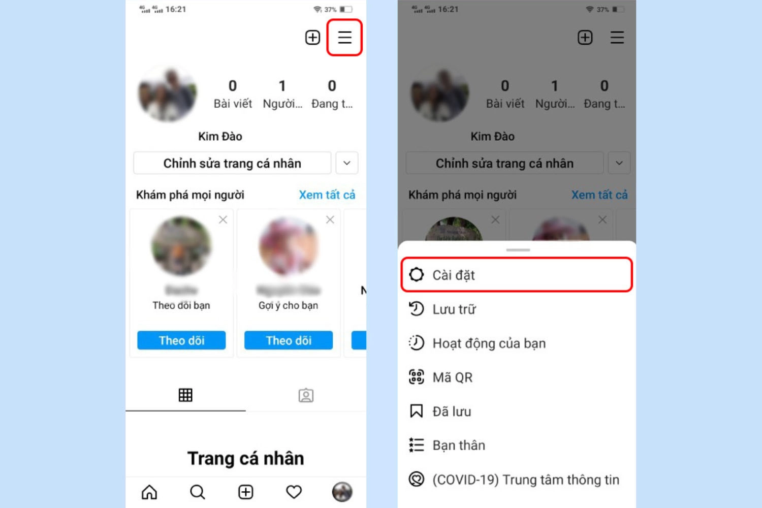 Chọn biểu tượng ba dấu gạch ngang > Chọn Cài đặt