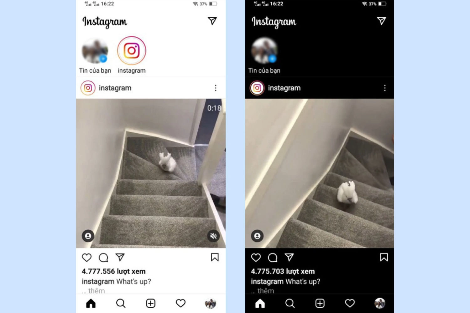 Giao diện Instagram sau khi thay đổi màu nền