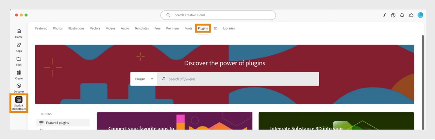 Vào Stock & Marketplace, chọn Plugin