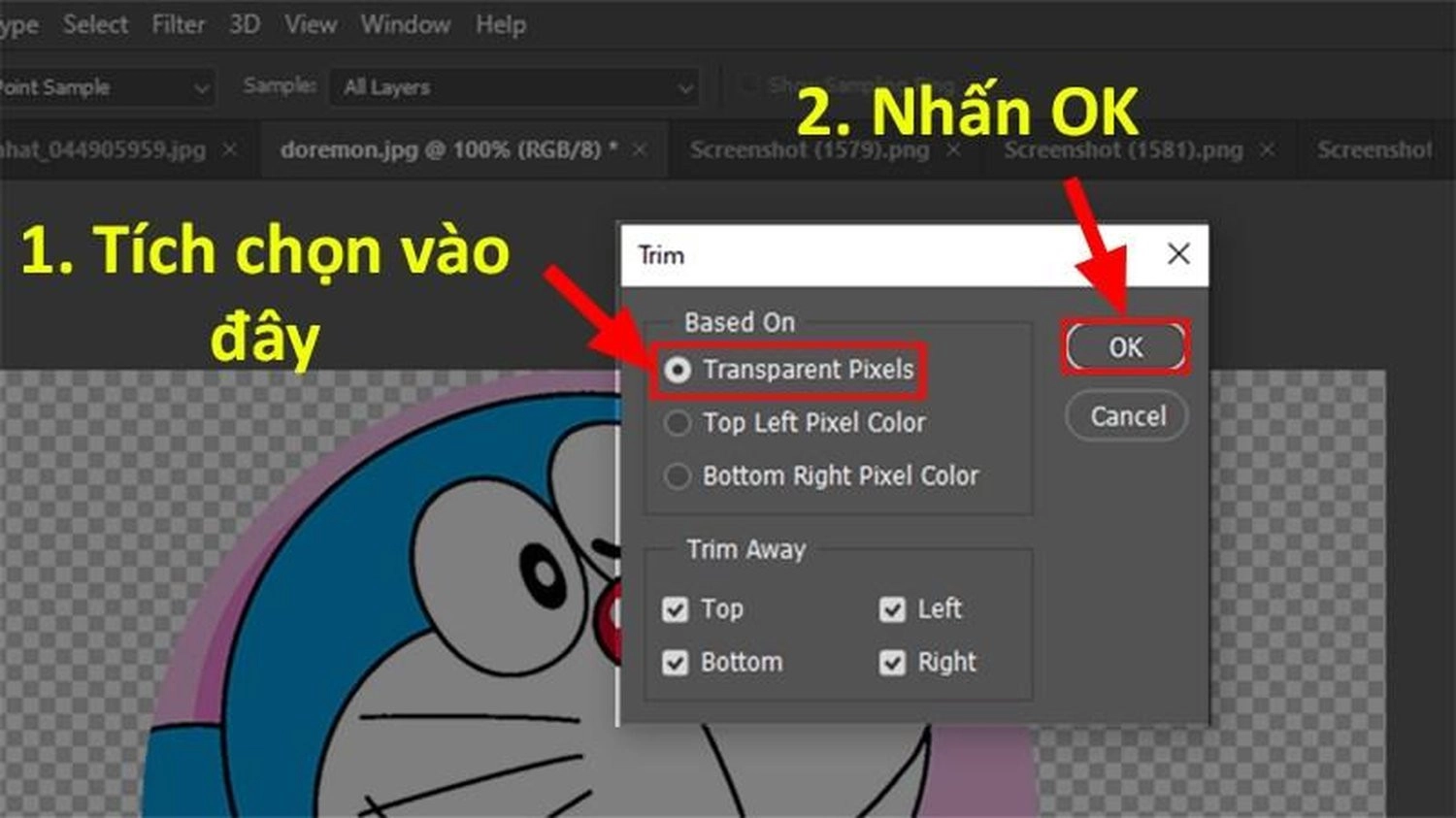 Chọn Transparent Pixels > Nhấn OK