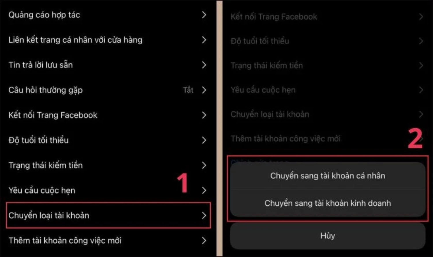 Chọn Chuyển sang tài khoản cá nhân hoặc Chuyển sang tài khoản kinh doanh