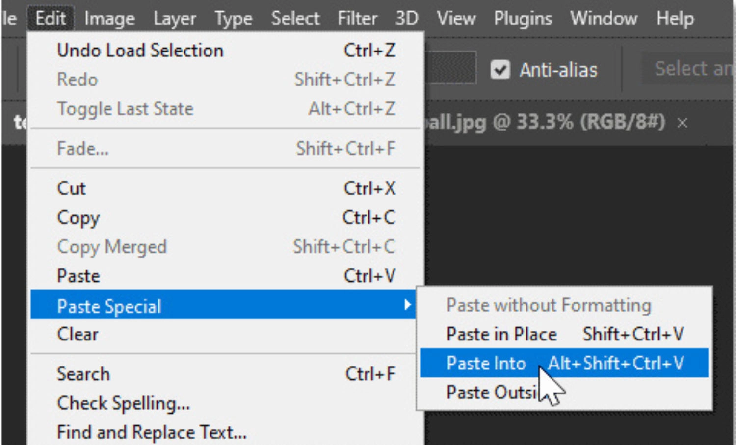Vào Edit, chọn Paste Special, rồi nhấn vào Paste Into