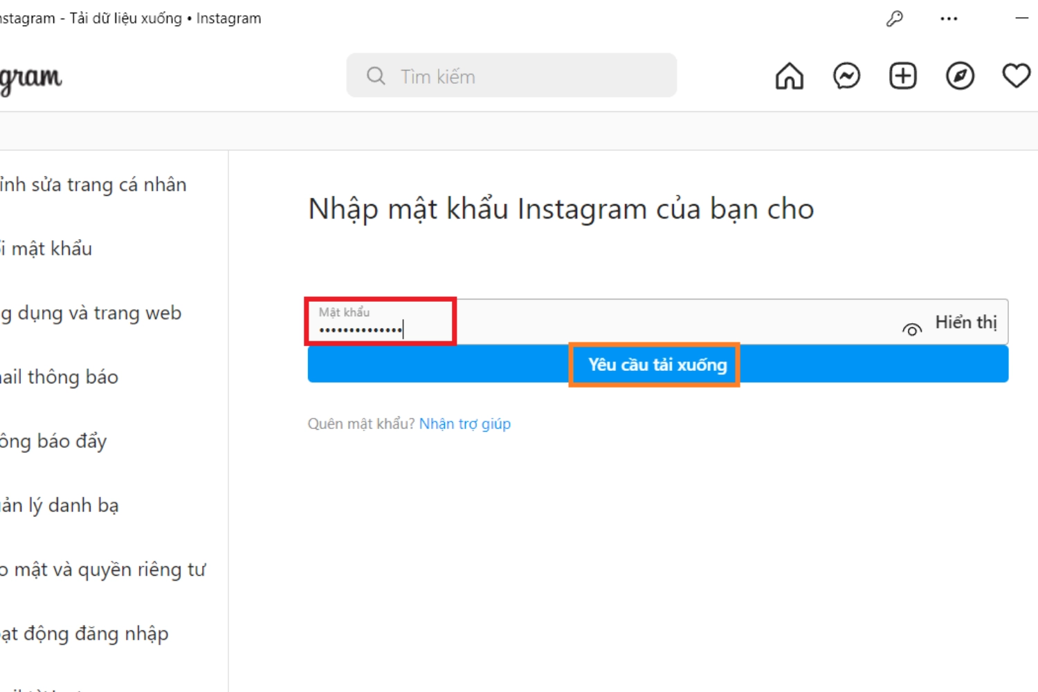 Nhập mật khẩu Instagram và chọn Yêu cầu tải xuống