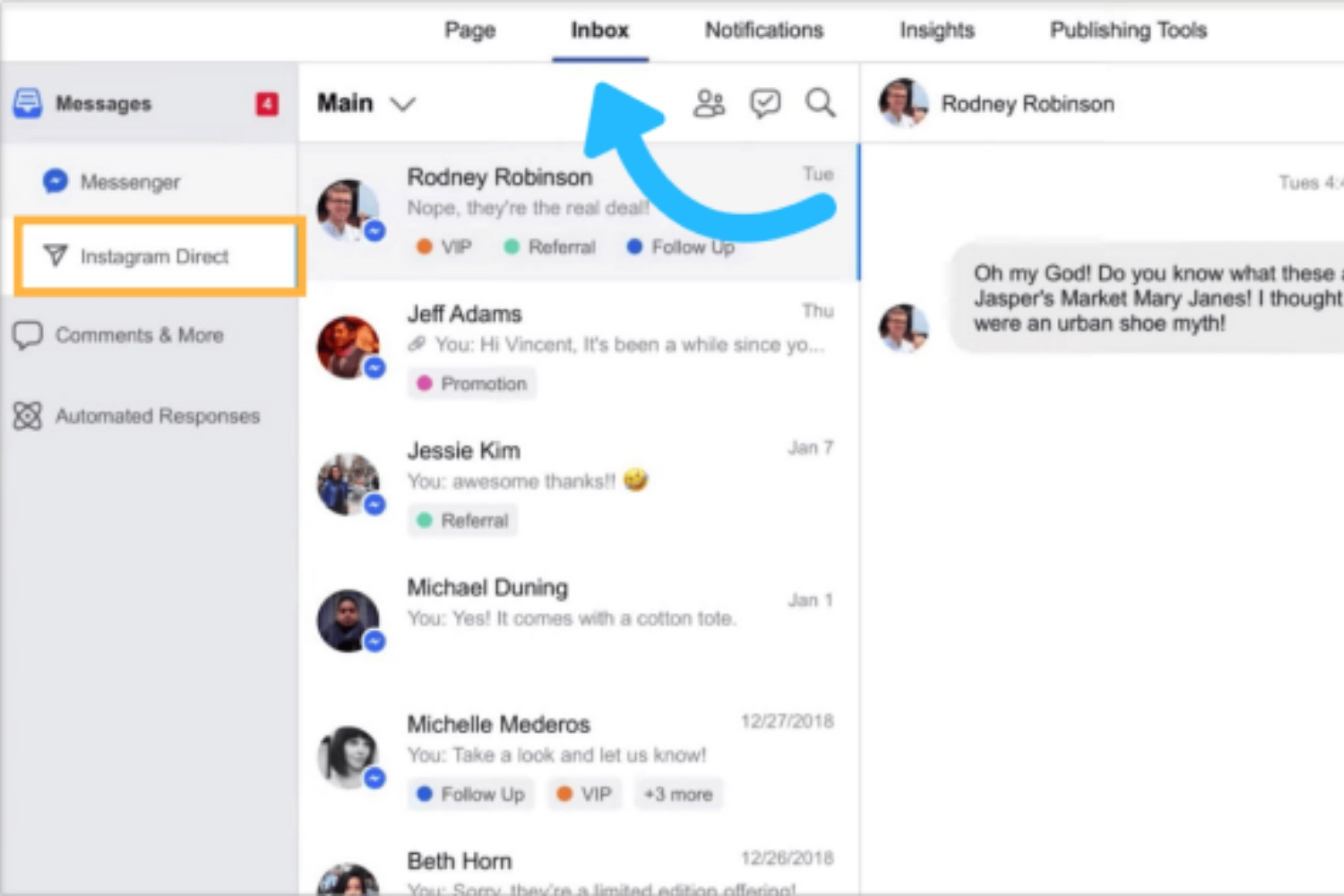 Vào mục Inbox, chọn Direct Instagram