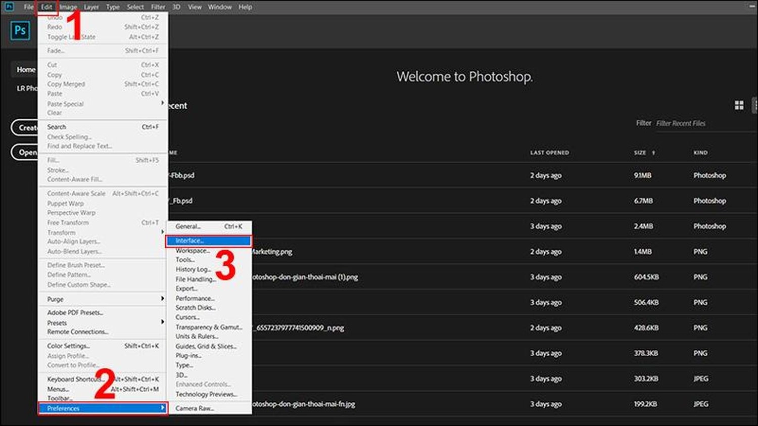 Chọn Edit > Chọn Preferences > Chọn Interface…