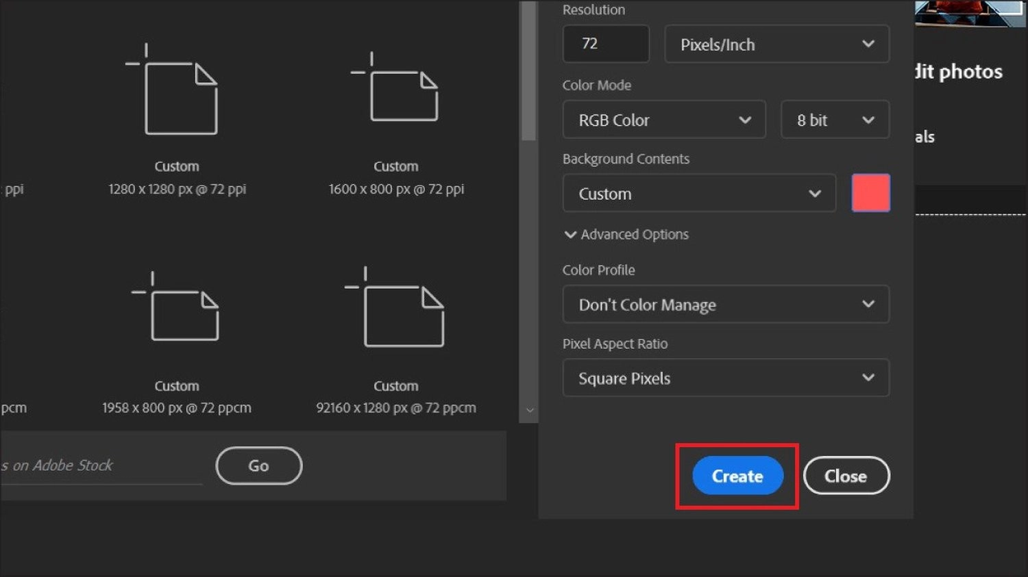 Nhấn Create để tạo file mới với màu nền đã chọn