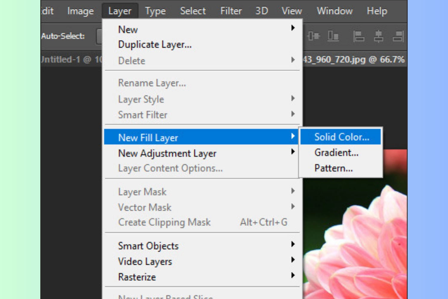 Vào Layer > Chọn New Fill Layer > Chọn Solid Color…