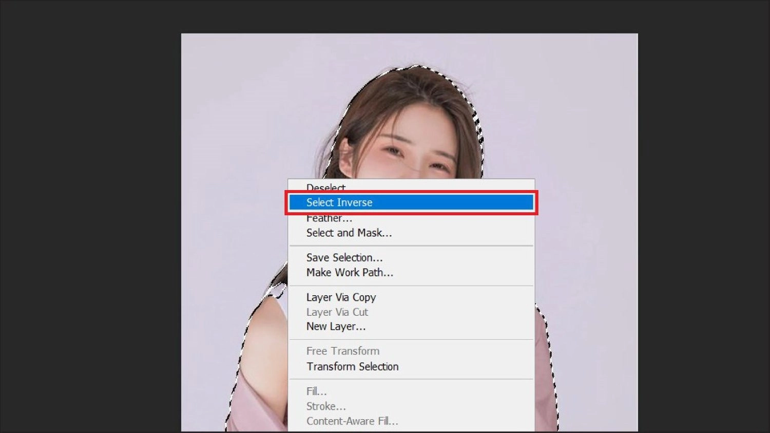 Nhấp chuột phải vào vùng nền > Chọn Select Inverse