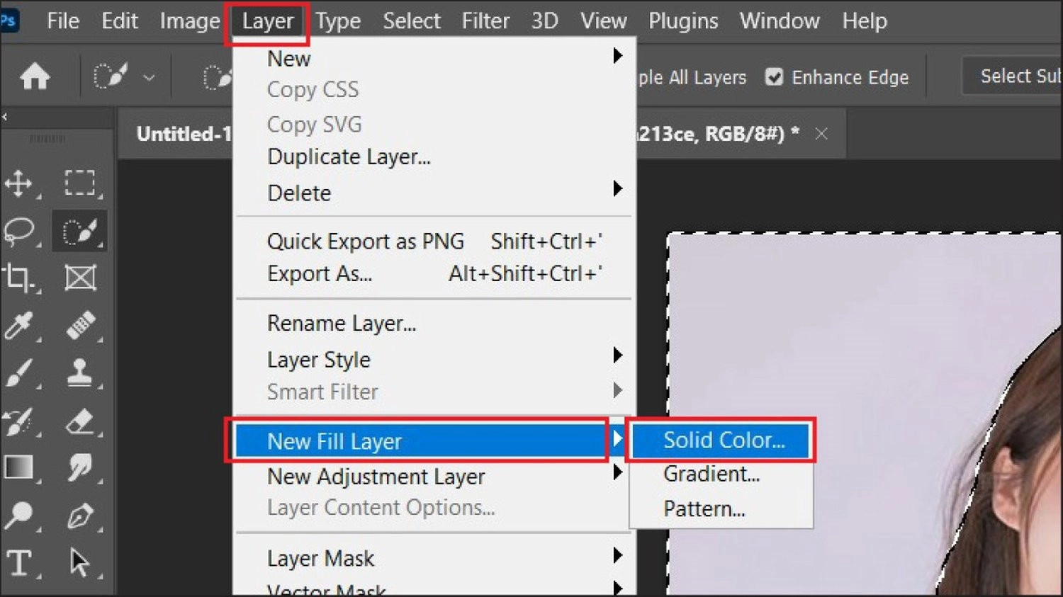 Vào Layer > Chọn New Fill Layer > Nhấn vào Solid Color
