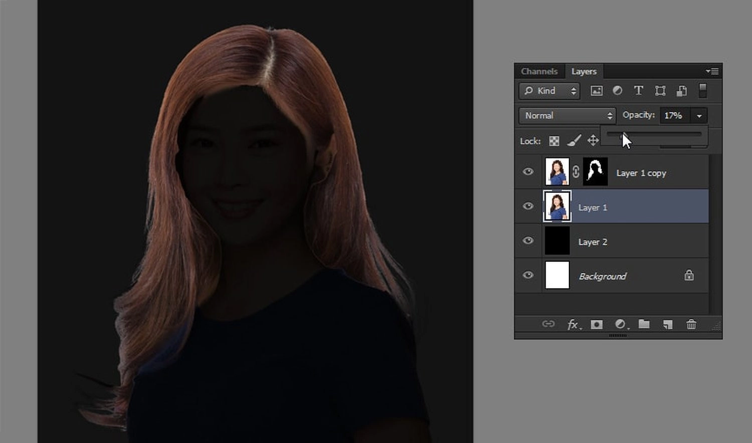 Giảm Opacity ảnh gốc, rồi dùng Brush để chỉnh mặt nạ