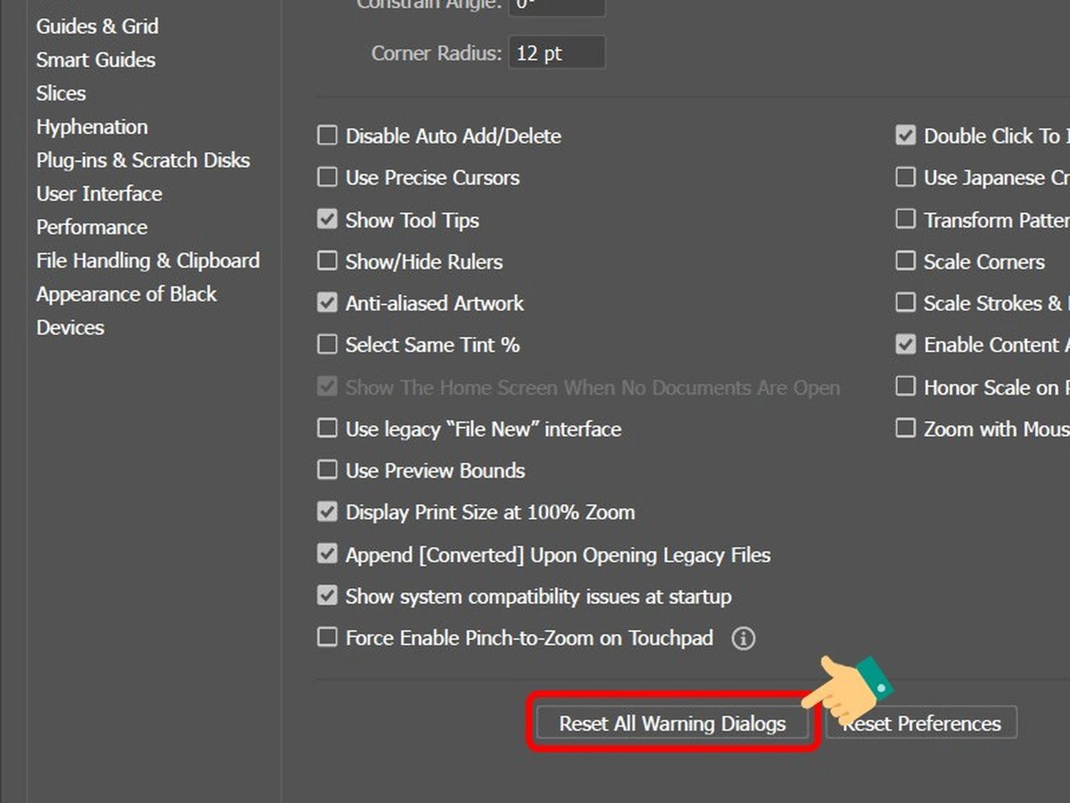 Chọn Reset All Warning Dialogs để khôi phục các hộp thoại cảnh báo