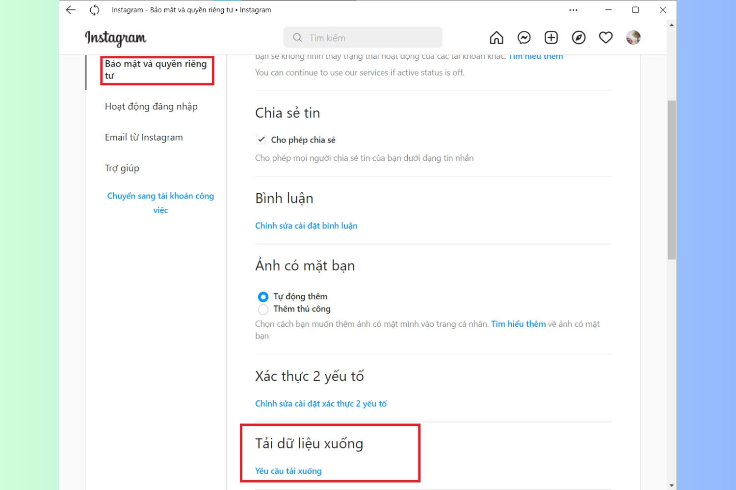 Nhấn vào Yêu cầu tải xuống