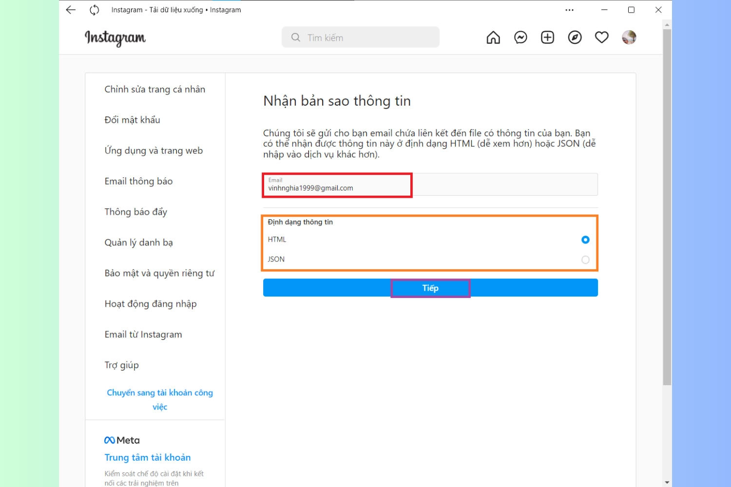 Nhập email và chọn định dạng thông tin bạn muốn tải xuống