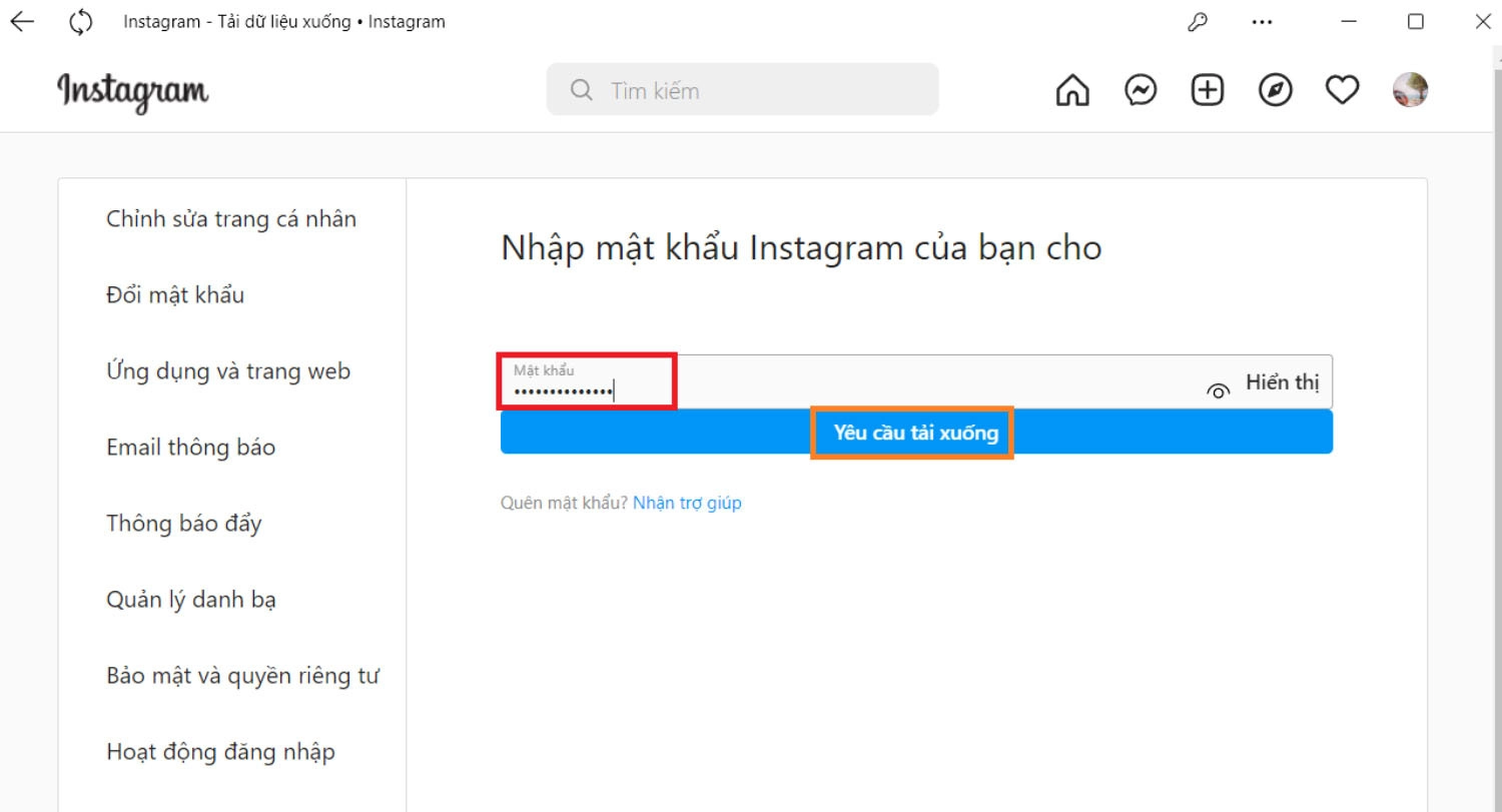 Nhập mật khẩu Instagram và chọn Yêu cầu tải xuống
