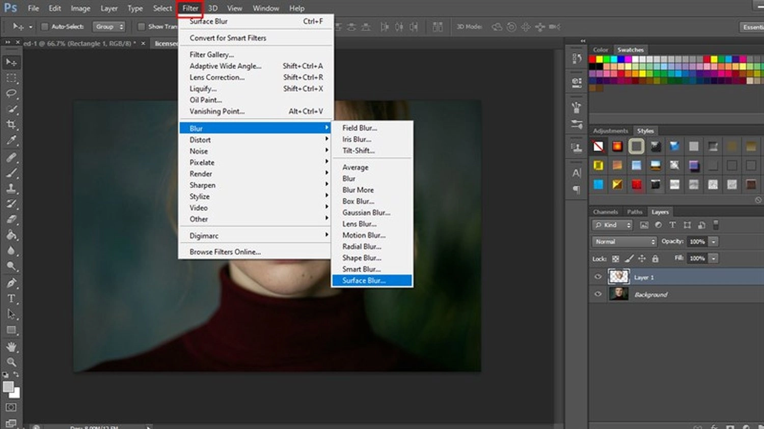Vào Filter > Chọn Blur > Chọn Surface Blur 