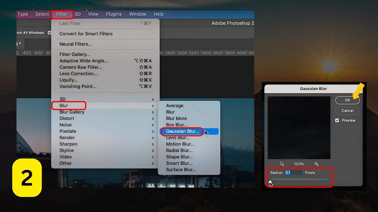 Vào Filter, chọn Blur, và nhấn vào Gaussian Blur