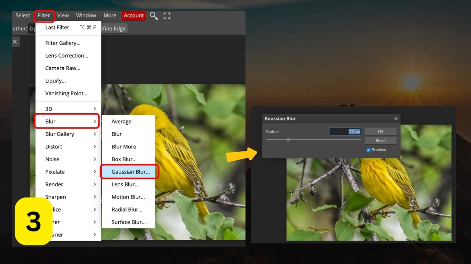 Vào Filter, chọn Blur, rồi chọn kiểu làm mờ