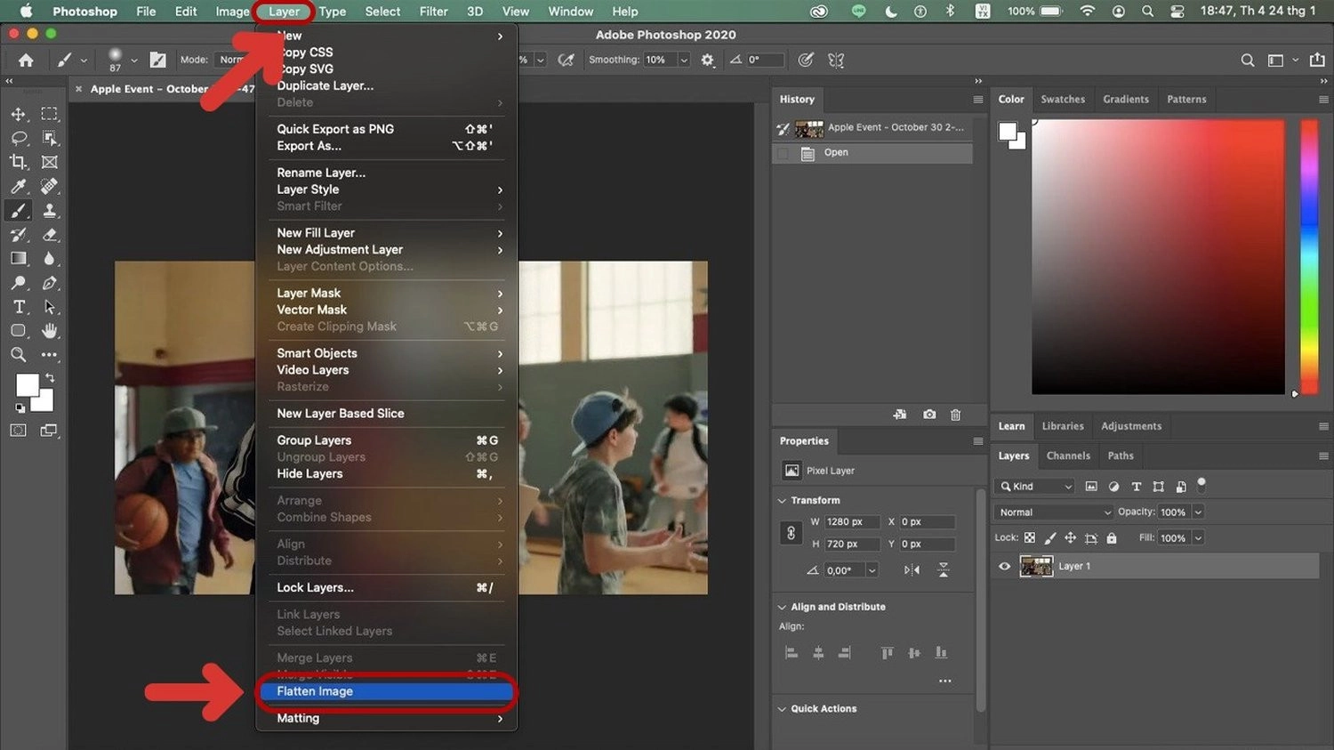 Chọn Layer, rồi nhấn chọn Flatten Image