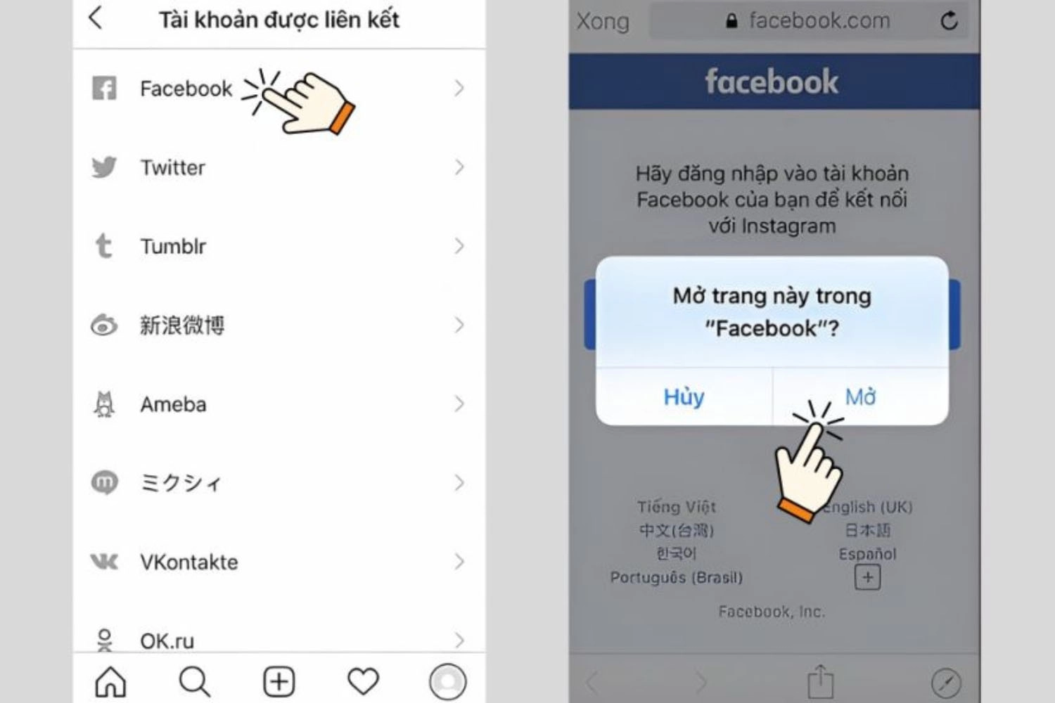 Chọn Facebook > Nhấn Mở