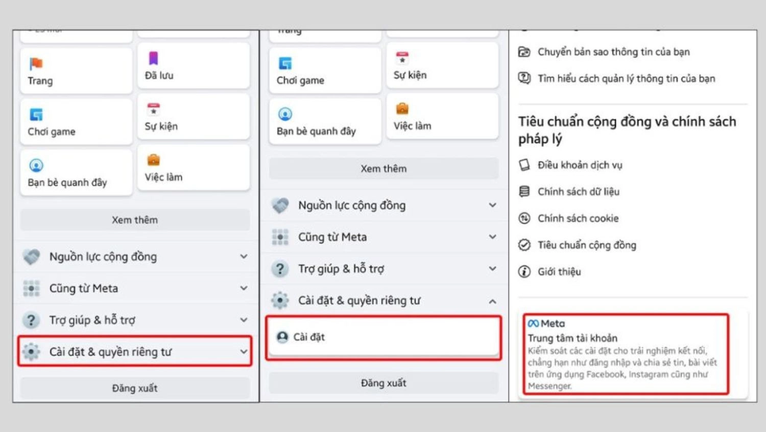 Cài đặt & Quyền riêng tư > Cài đặt > Trung tâm tài khoản