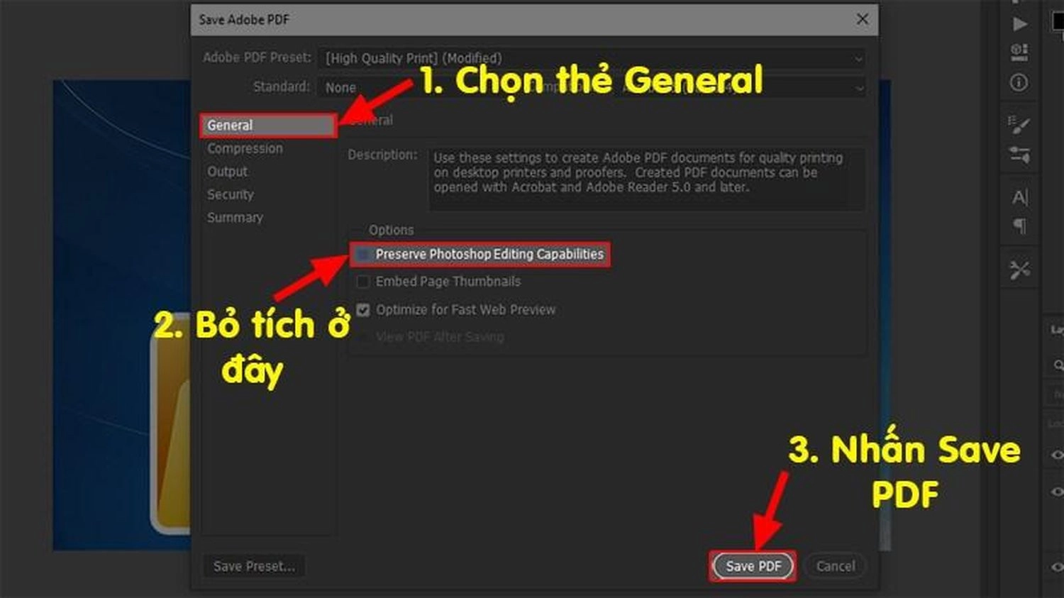 Tích bỏ chọn Preserve Photoshop Editing Capabilities, và nhấn Save PDF