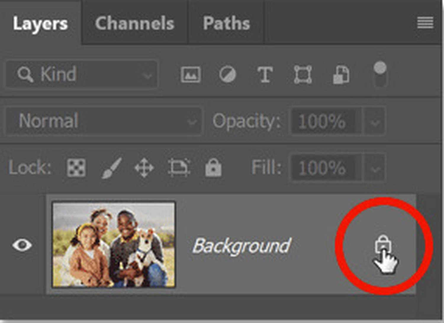 Nhấp chuột vào biểu tượng ổ khóa để mở khóa Background Layer