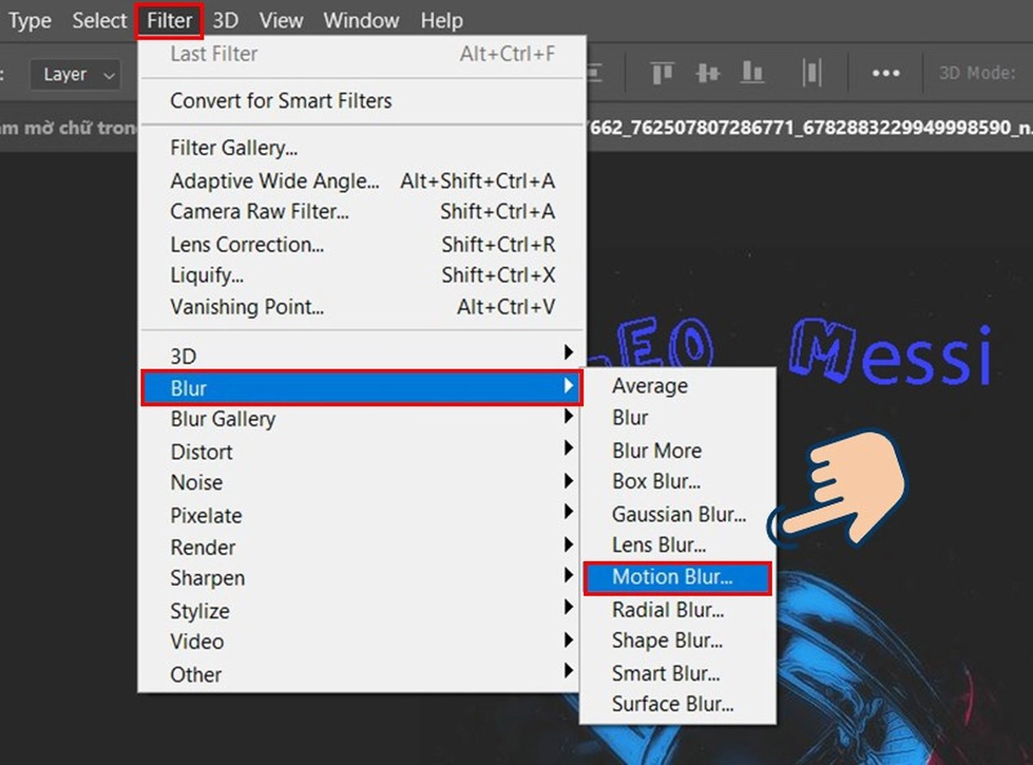 Vào Filter, chọn Blur, và chọn Motion Blur...