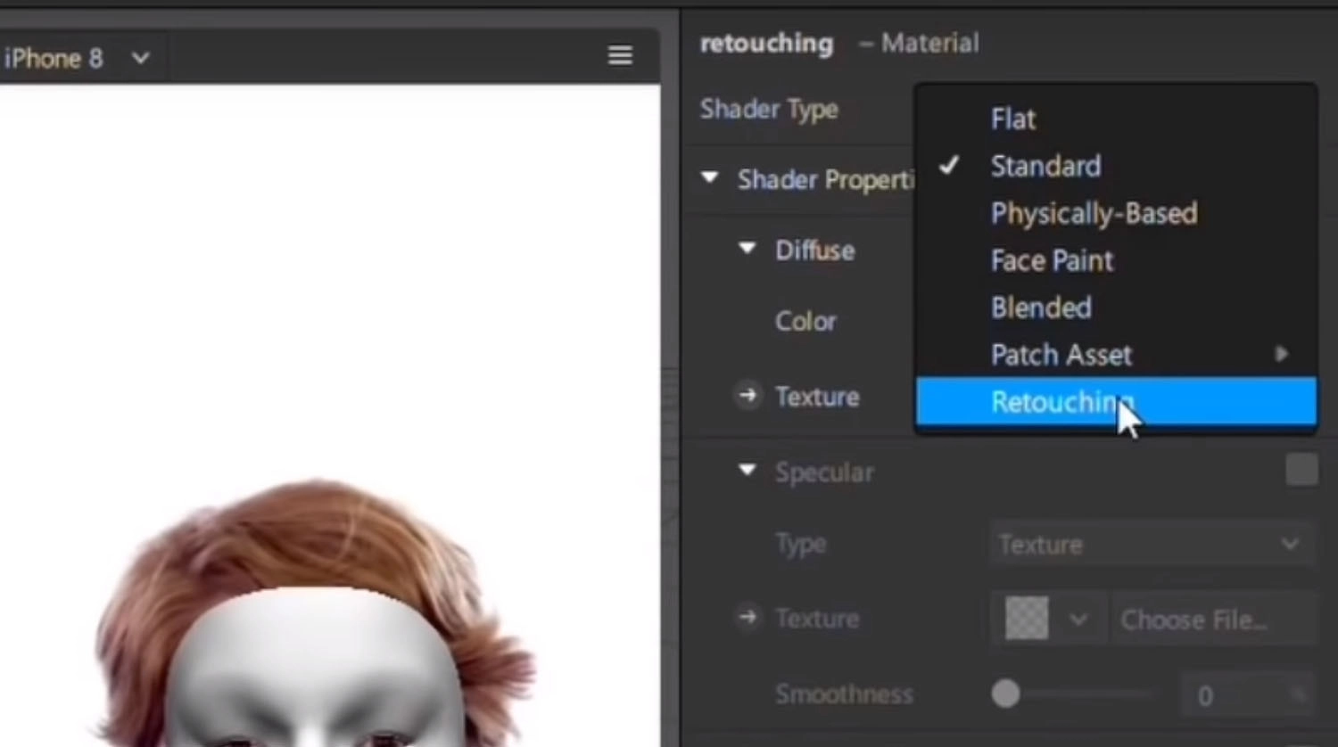 Tại Shader Type, chọn Retouching