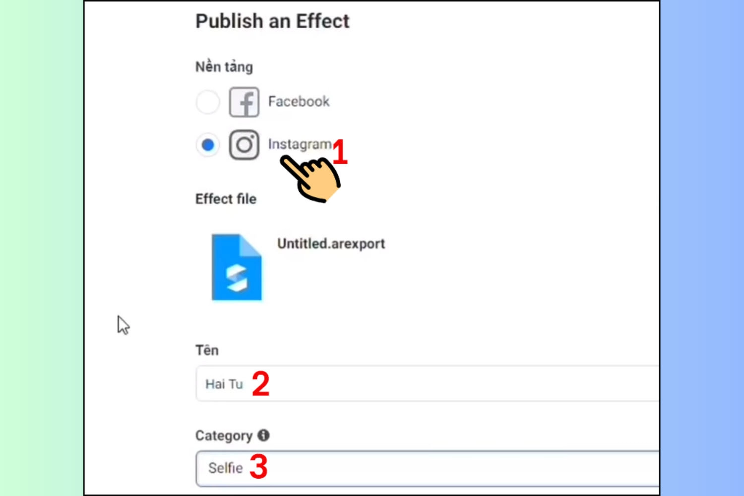 Chọn nền tảng Instagram > Đặt tên filter > Chọn danh mục Selfie