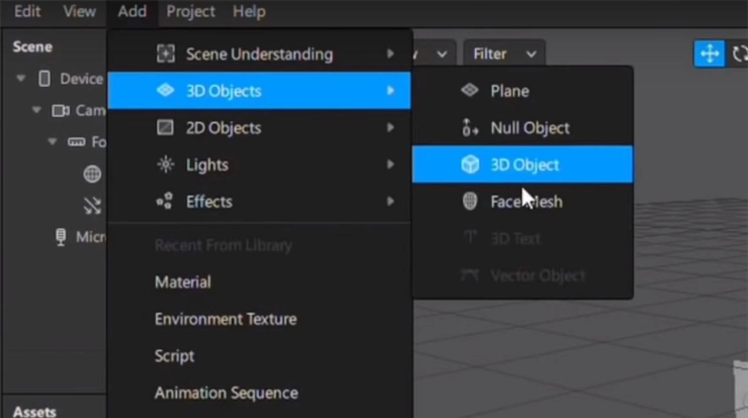 Chọn tab Add, rồi chọn 3D Objects 