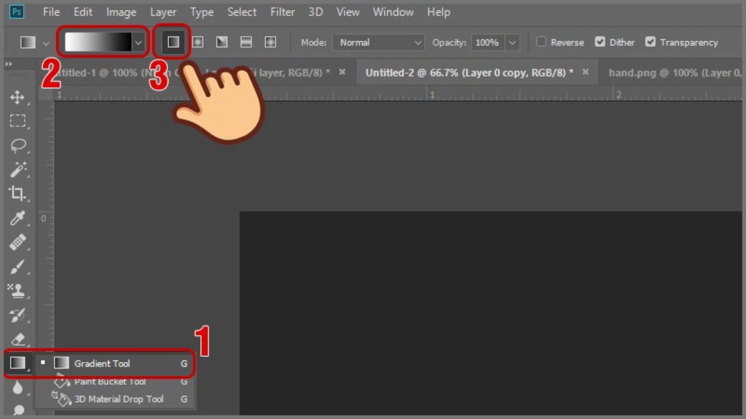 Chọn Gradient Tool, chọn màu đổ là màu đen và chọn kiểu Linear Gradient