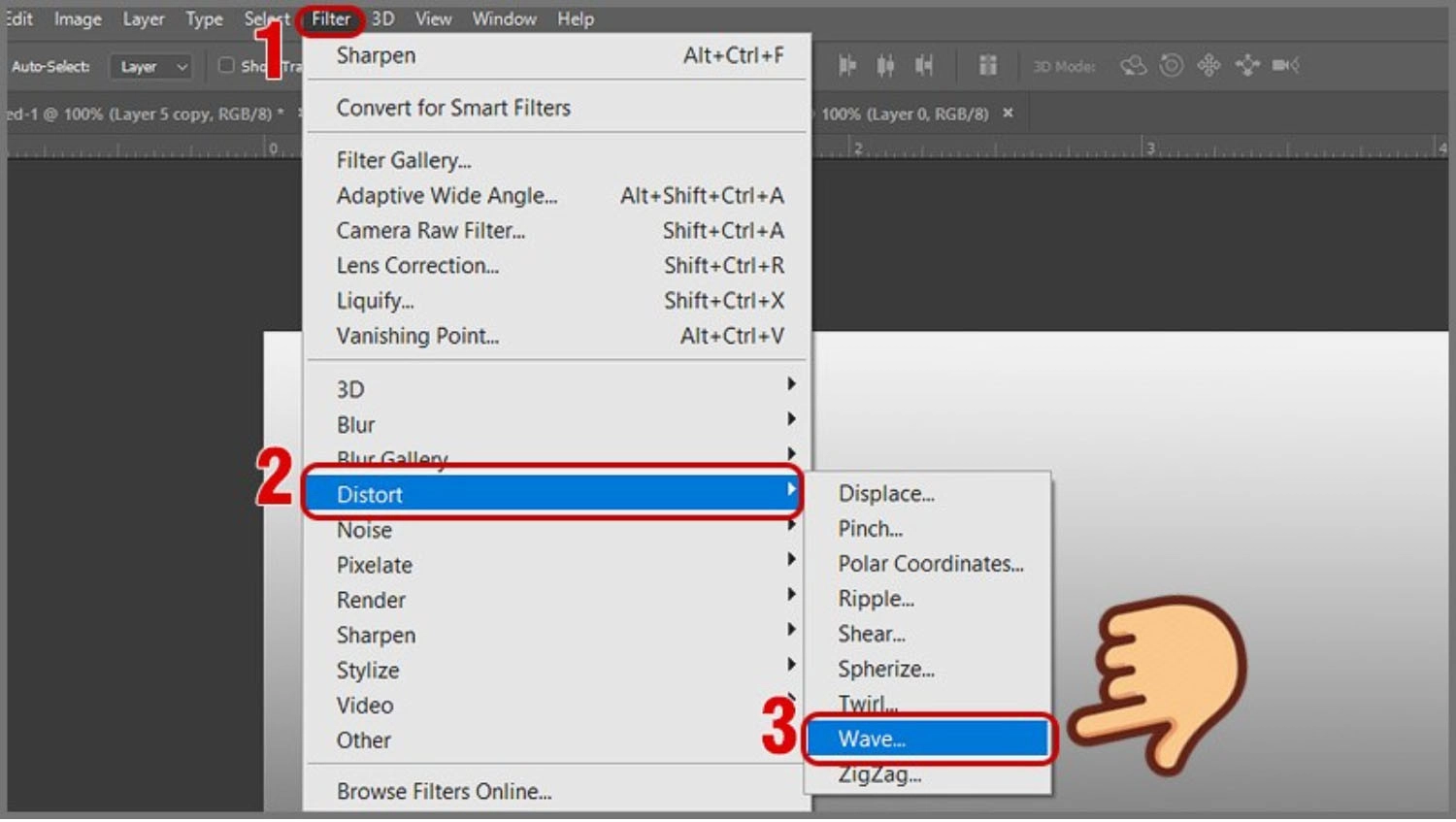 Vào Filter, chọn Distort, rồi nhấn Wave