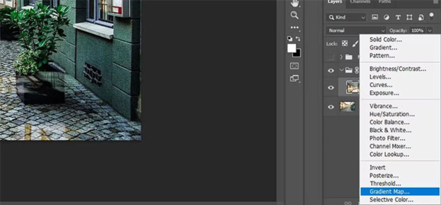 Chọn Reflection Layer, tạo Gradient Map Adjustment Layer