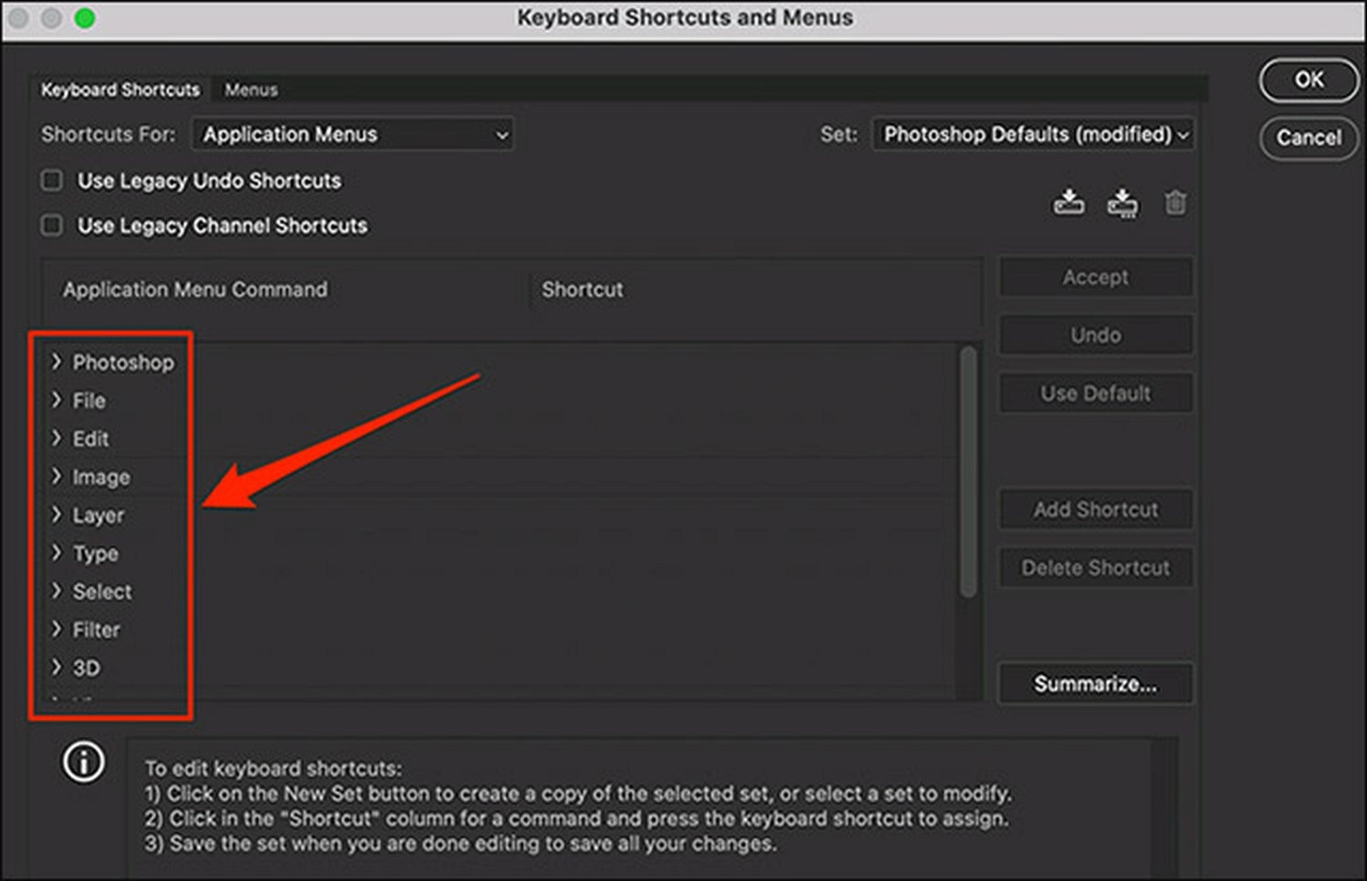 Nhấn Application Menu Command để mở rộng và xem danh sách lệnh con
