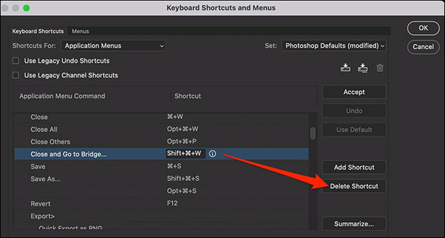Chọn lệnh trong danh sách, và nhấn Delete Shortcut nếu bạn muốn xóa phím tắt