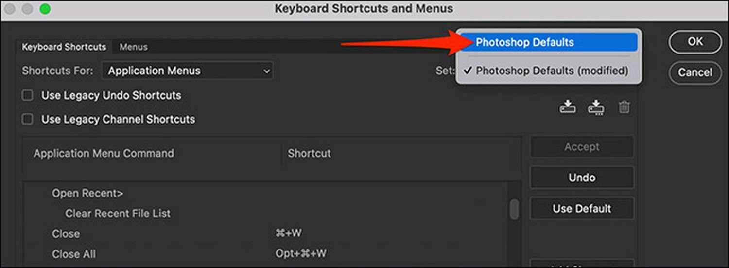 Tại Set, chọn Photoshop Defaults