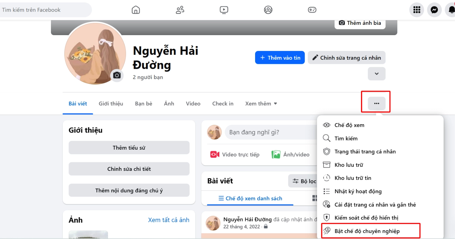 Chọn biểu tượng ba chấm > Chọn Bật chế độ chuyên nghiệp
