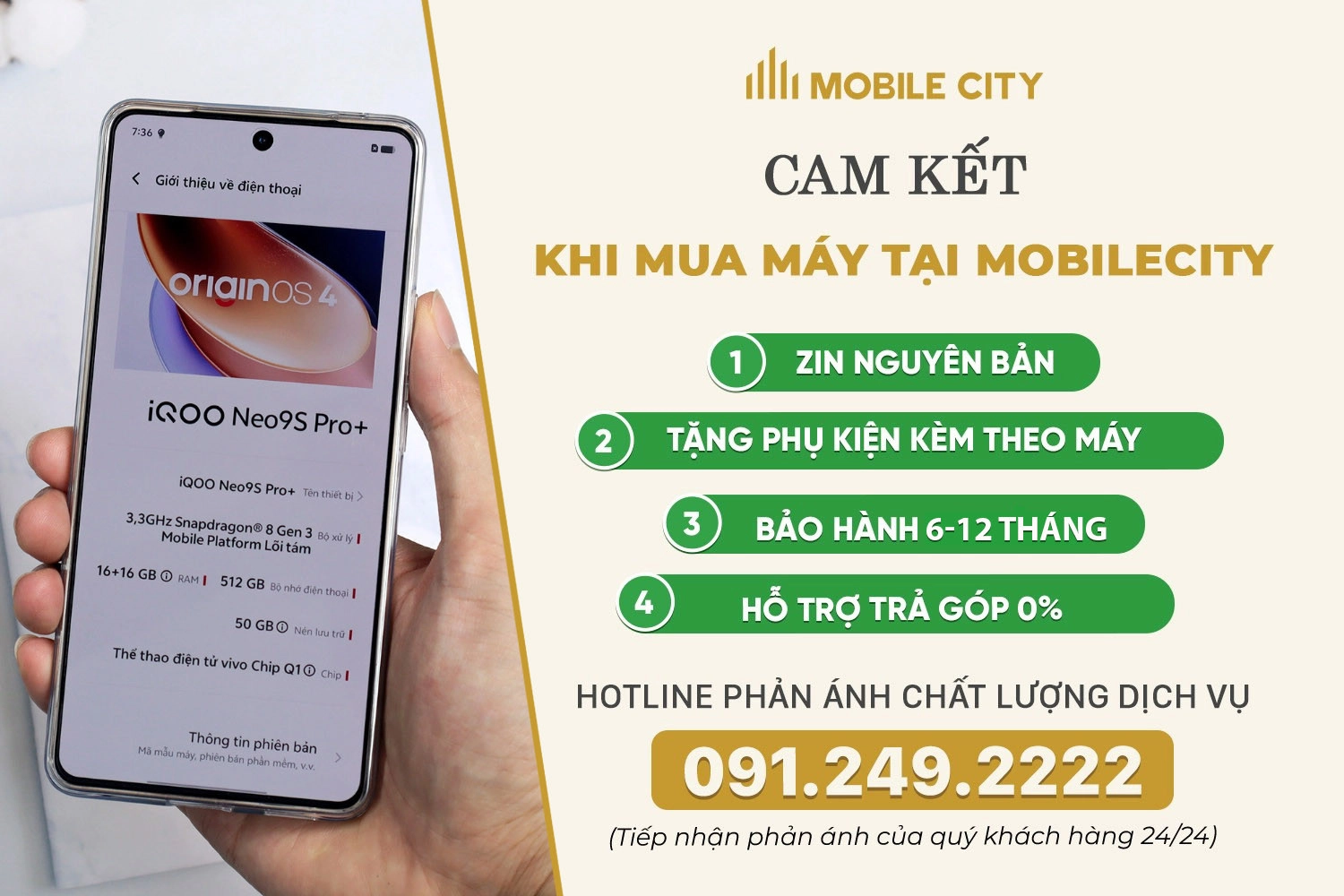Cam kết mua iQOO Neo 9S Pro Plus cũ tại MobileCity