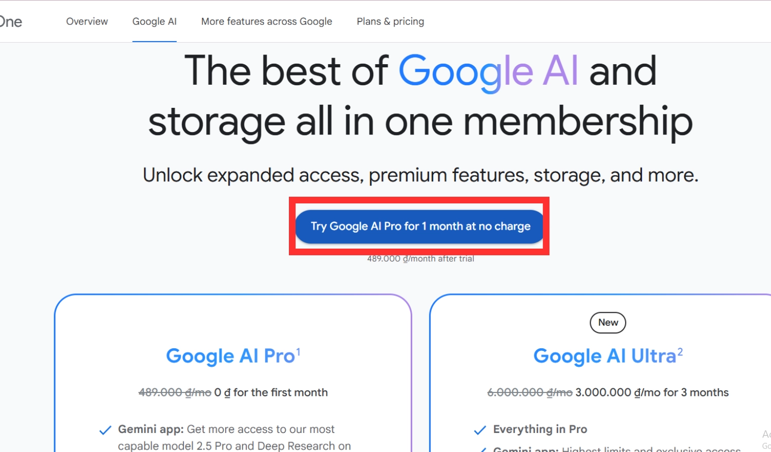 Ấn vào mục Try Google AI Pro for 1 month at no charge