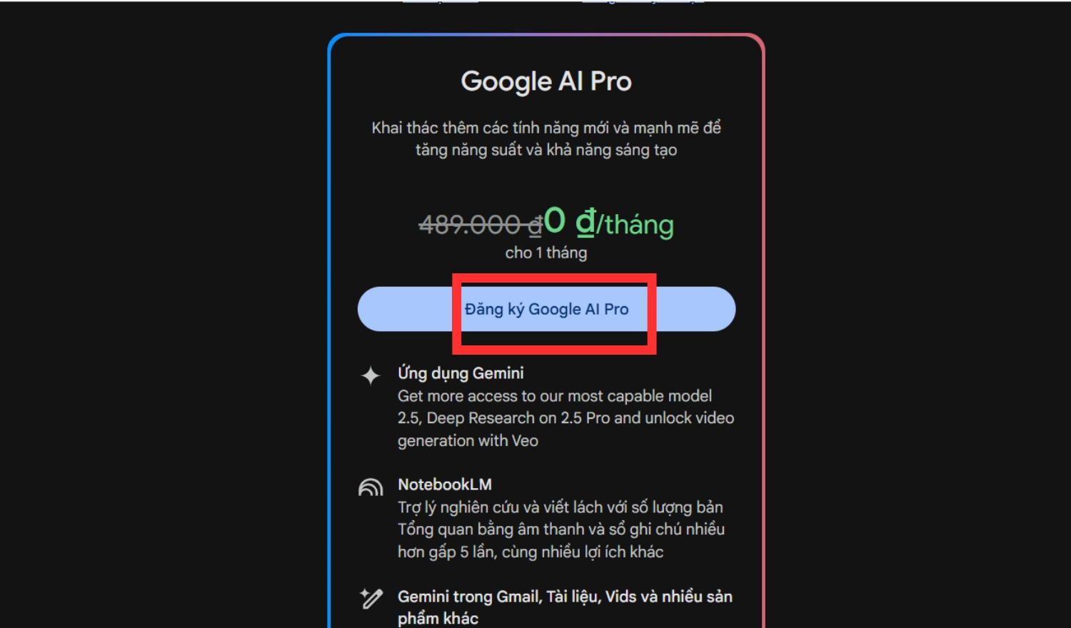 Chọn mục đăng kí Google AI Pro