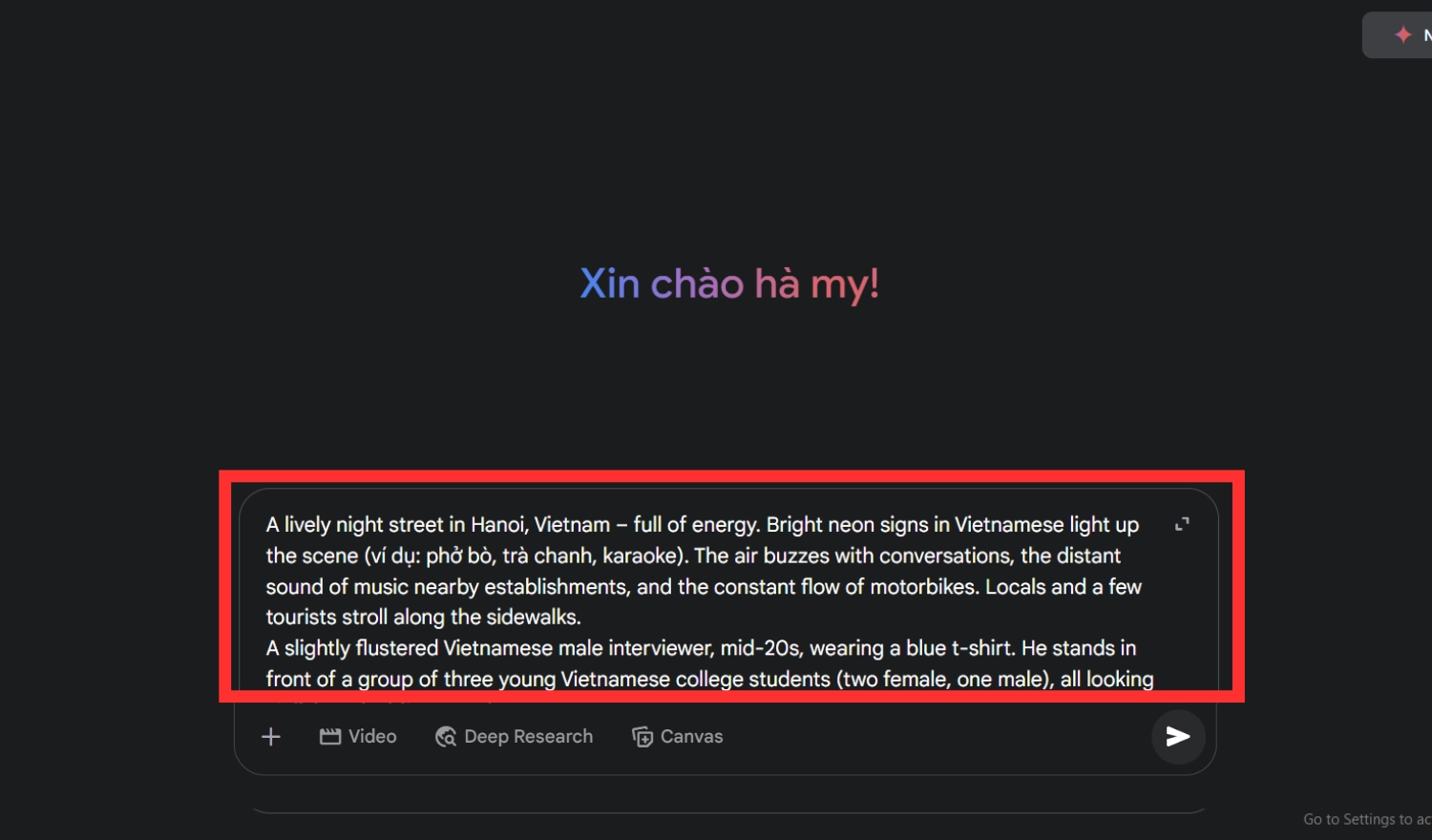 Nhập prompt vào ô chat