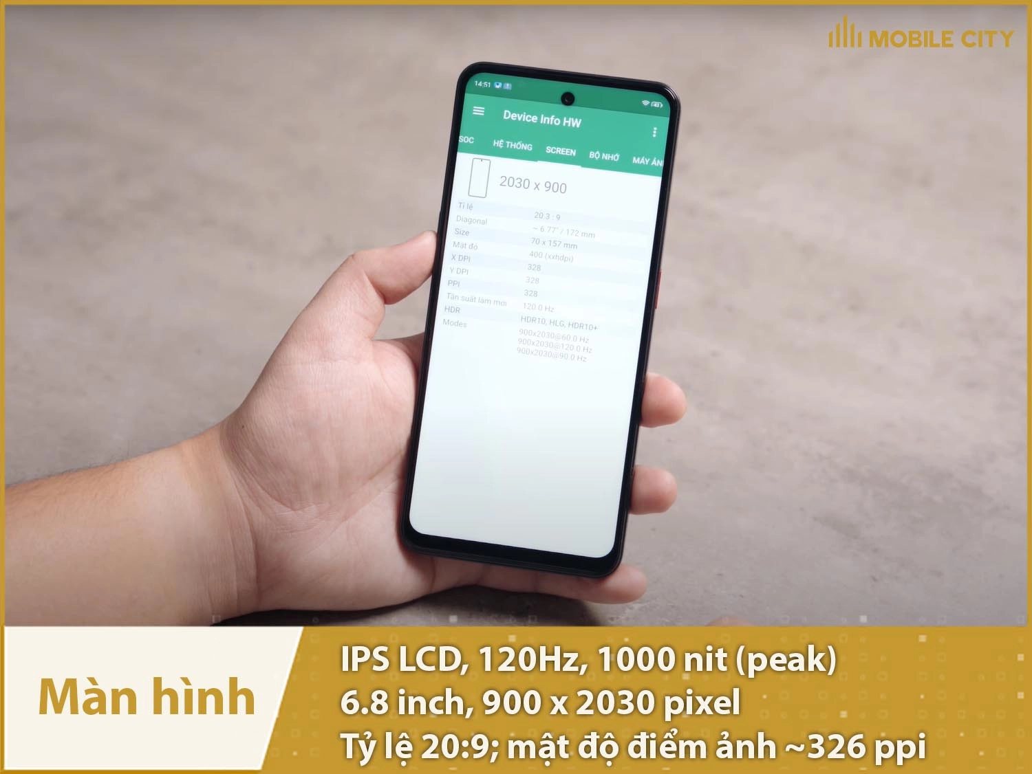 Màn hình 6,8 inch, IPS LCD 120Hz 1000nit