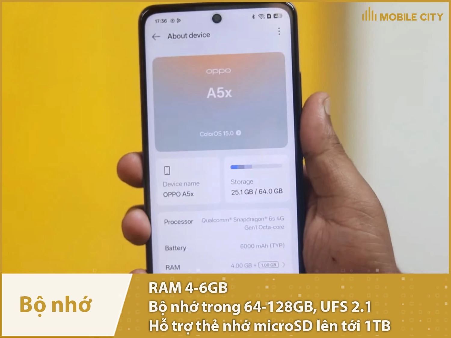 OPPO A5x có RAM 4-6GB & Bộ nhớ 64-128GB