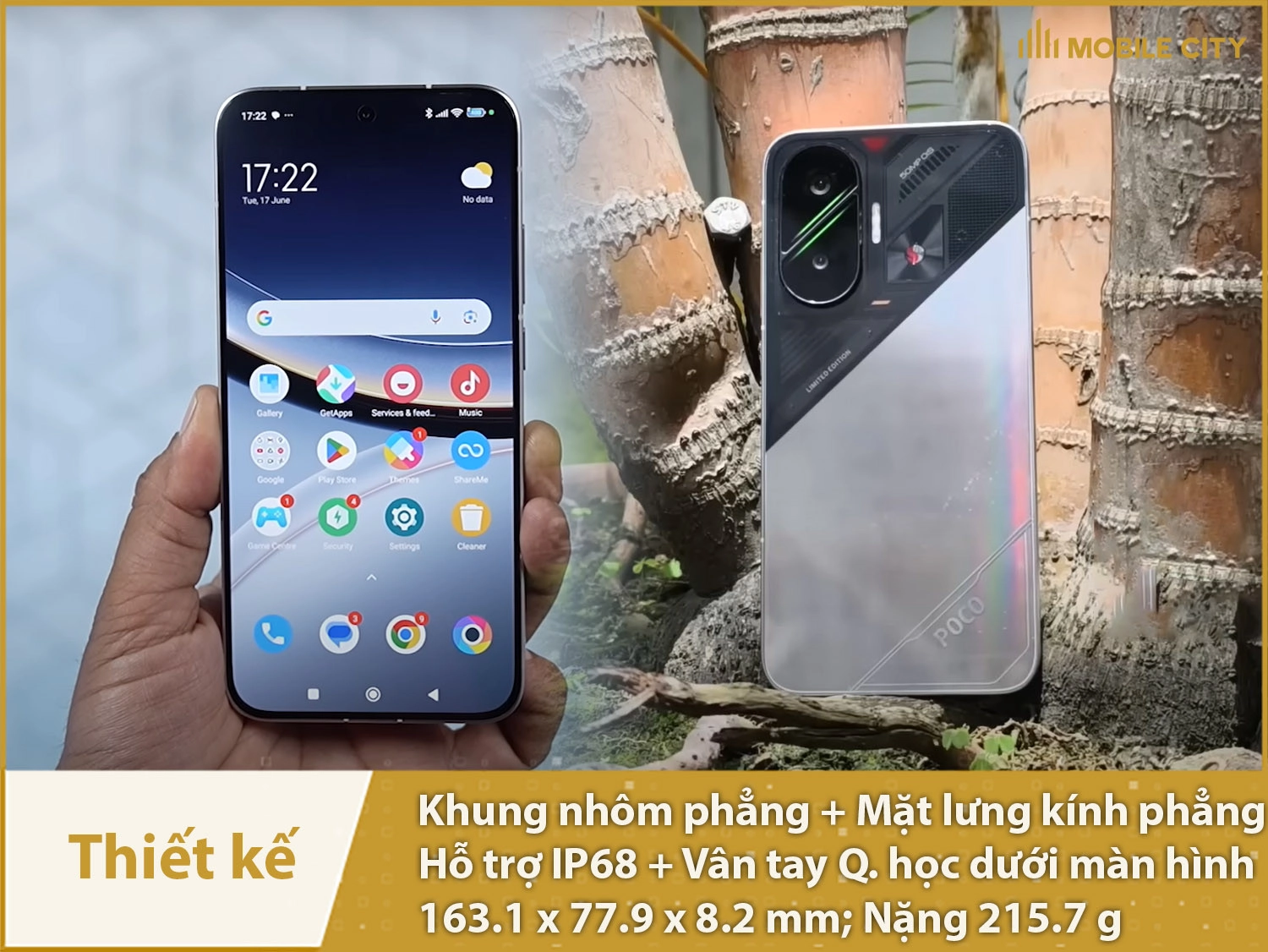 Thiết kế cao cấp với khung nhôm và mặt lưng kính, có IP68