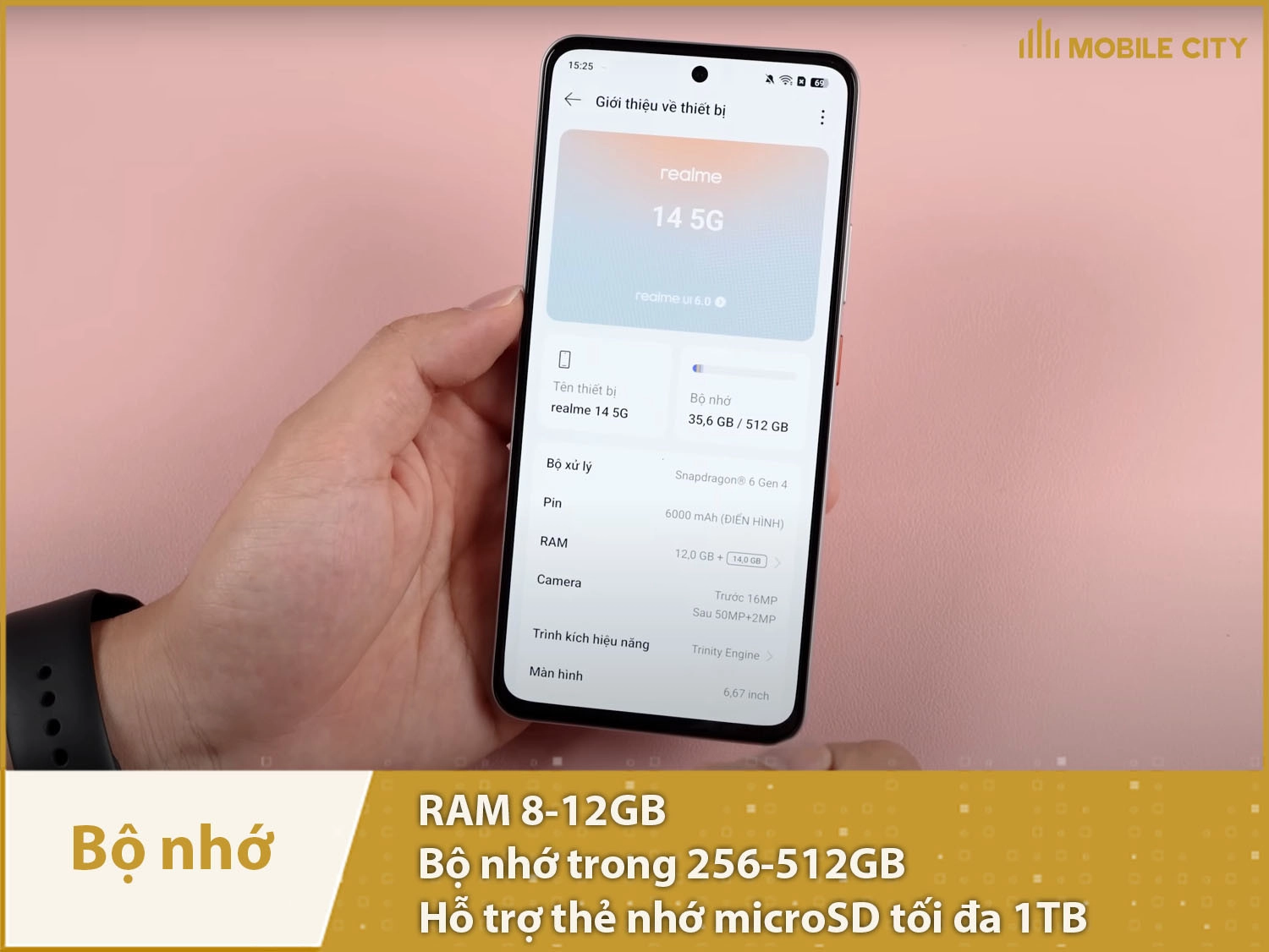 Realme 14 có RAM 8-12GB & Bộ nhớ trong 256-512GB